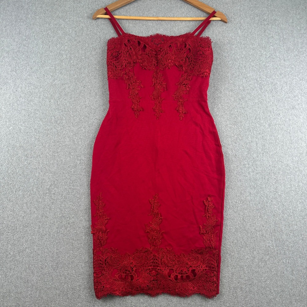 Haute Monde Dress Womens Small HMD10665 Red Lace Overlay Bodycon Spaghetti Strap